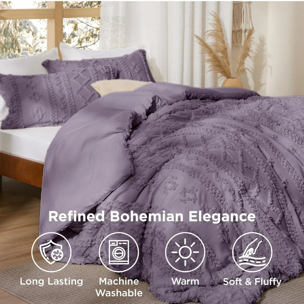 Bedsure Tufted Boho Comforter Set Twin Size - Grayish Purple Boho All Season